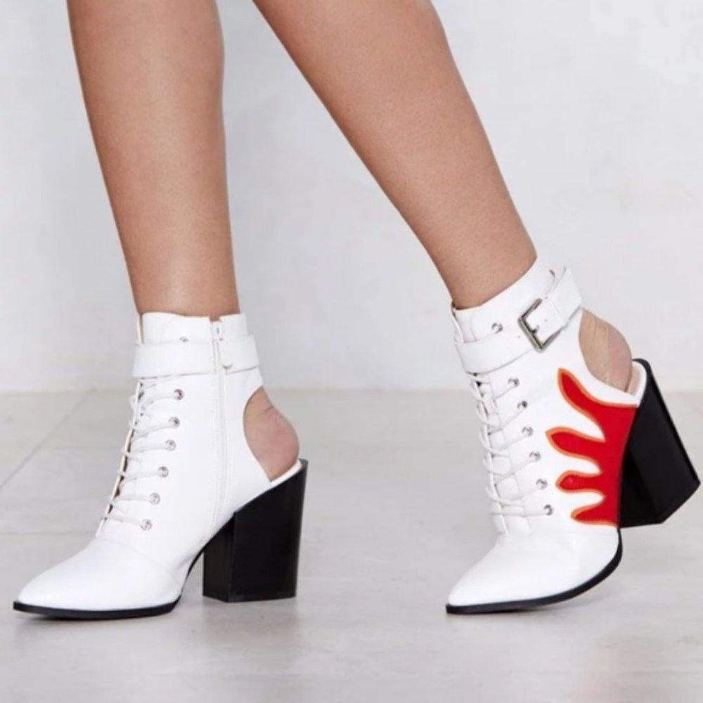 Nasty Gal white boot heels with flame detail